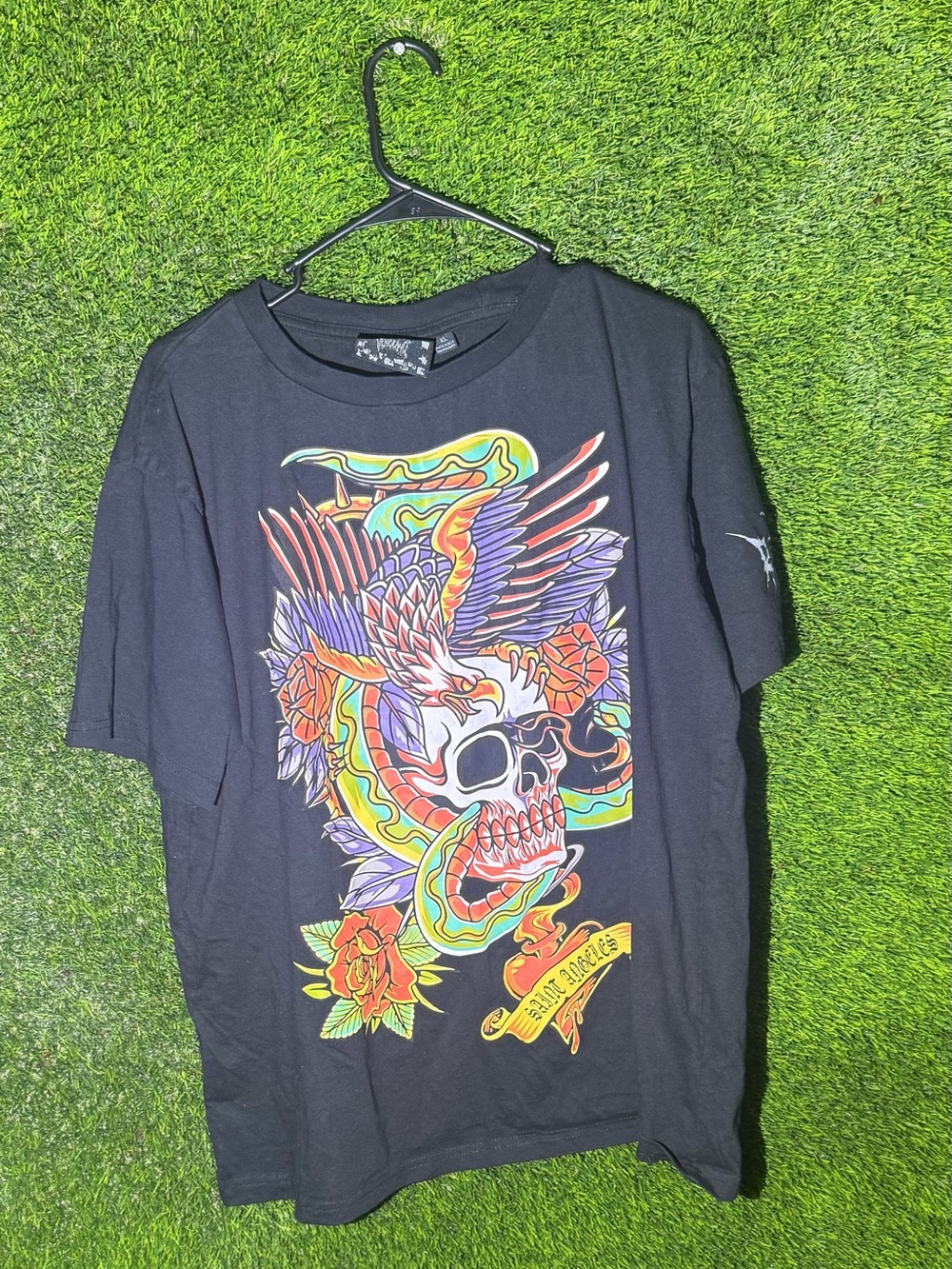 rebels Black Short Sleeve Tee with Colorful Skull & Eagle Graphic